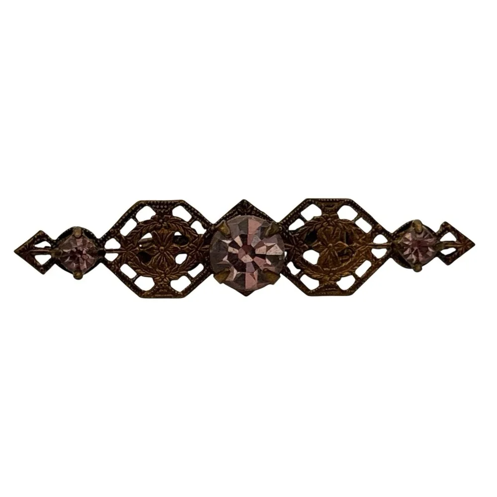 Vintage Brooch Pin Gold Tone Filigree Purple Rhinestones Victorian‎ Dainty 2